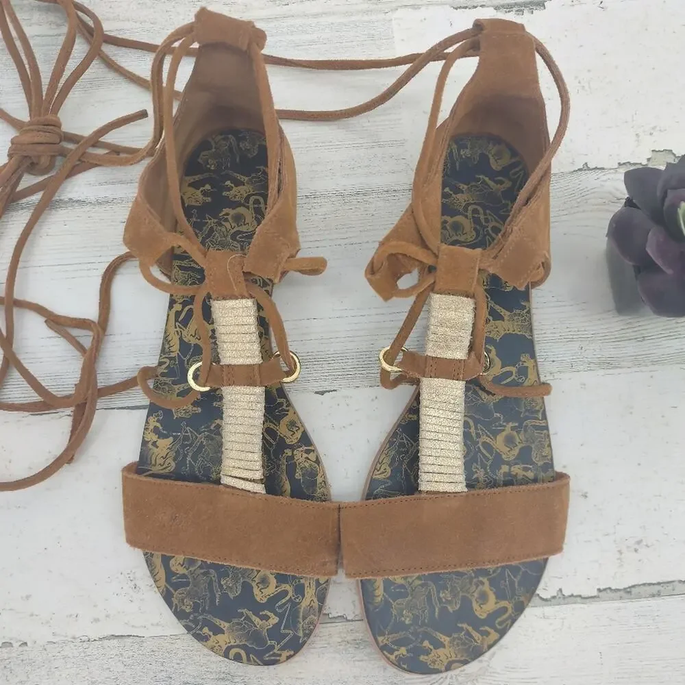 Free People NEW Brown Leather/Suede Ankle Wrap Straps Sandals Gold Size 7.5